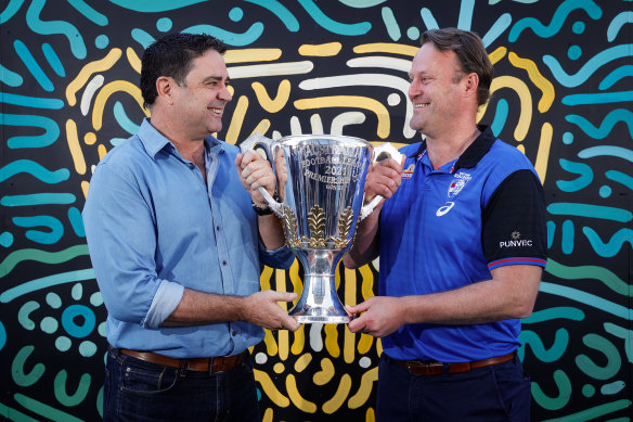 AFL Premiership Cup presenters Garry Lyon and Chris Grant at Yagan Square.