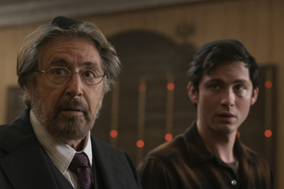 Al Pacino as Meyer Offerman and Logan Lerman as Jonah Heidelbaum in Hunters.