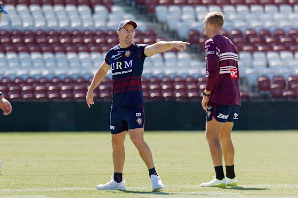 New Manly coach Kieran Foran with Tom Trbojevic on Sunday.