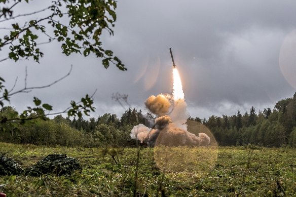 A Russian Iskander-K missile launched during a military exercise at a training ground at the Luzhsky Range, near St. Petersburg, Russia.