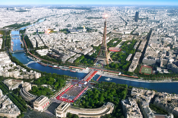 A digitally altered rendering of what the 2024 Paris Olympics may look like.