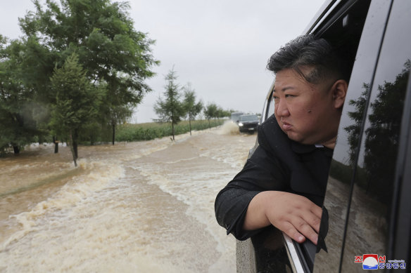 n this photo provided by the North Korean government, North Korean leader Kim Jong Un inspects a flood-hit area in North Phyongan province.