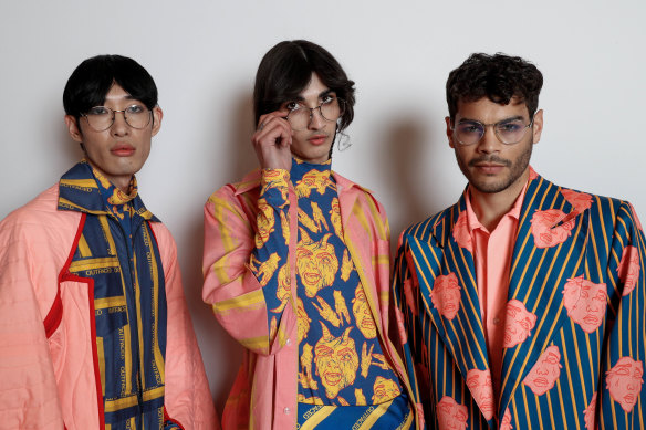 Megan Taylor's graduate collection, ''Outfaced'', is an upbeat gaggle of joyous original prints, silhouettes and inspirations from Shakespeare to 1940s men’s suiting and propoganda posters.