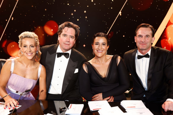 Kylie Rogers (left), with then AFL colleagues Gillon McLachlan, Laura Kane and Andrew Dillon at the 2023 Brownlow Medal. 