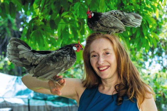 Author Fiona Scott-Norman with her chickens Val and Dora.