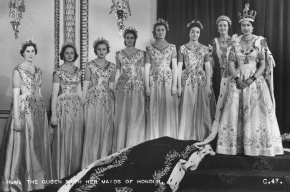 Queen Elizabeth with her maids of honour, including Lady Anne, at Buckingham Palace on the day of her coronation.