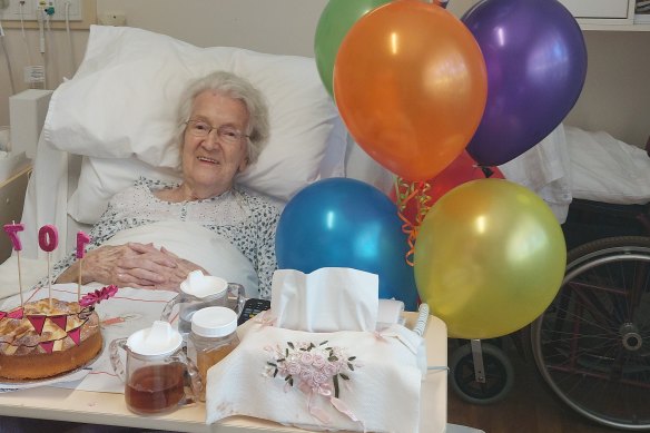 Nella Hickey on her 107th birthday with, as ever, a smile on her face.