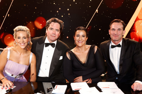 McLachlan at his last Brownlow as CEO, with executives Kylie Rogers (left), Laura Kane and incoming CEO Andrew Dillon 