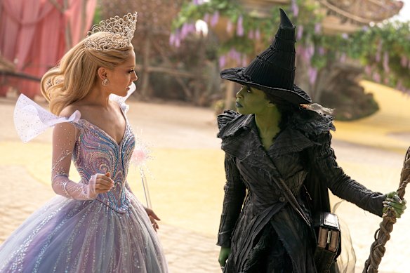 Ariana Grande as Glinda and Cynthia Erivo as Elphaba in Wicked: For Good.