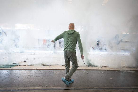 Cai Guo-Qiang composes his artwork with explosives at  the NGV.