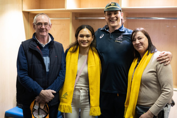Tom Hooper (second from right) with his father Lloyd, partner Gabriella and mother Helen after his Test debut against the Springboks. 