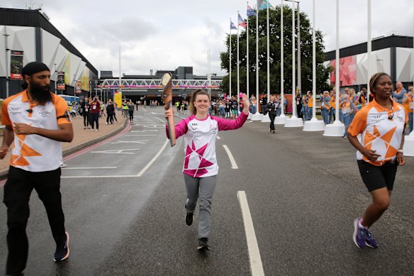 Batonbearer Heidi Rhodes James holds the Queen’s Baton during the Birmingham 2022 Queen’s Baton Relay.