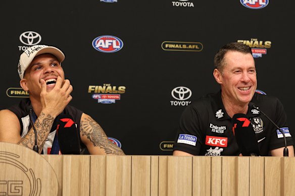 Hill and Craig McRae speak to the media after their side’s famous 2023 premiership win.