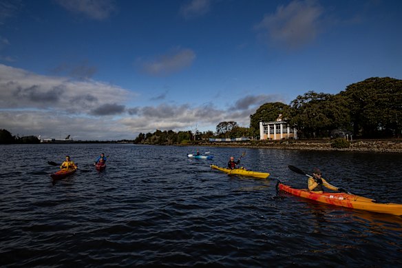 Members of the River Canoe Club, including Simon Bromage (left), on the Cooks River at Wolli Creek.