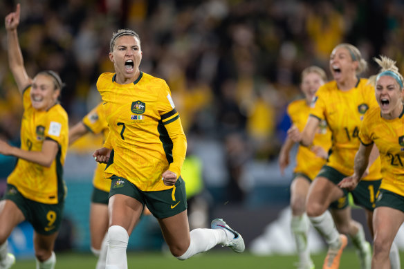 Steph Catley celebrates after scoring the Matildas’ winning goal from a penalty.