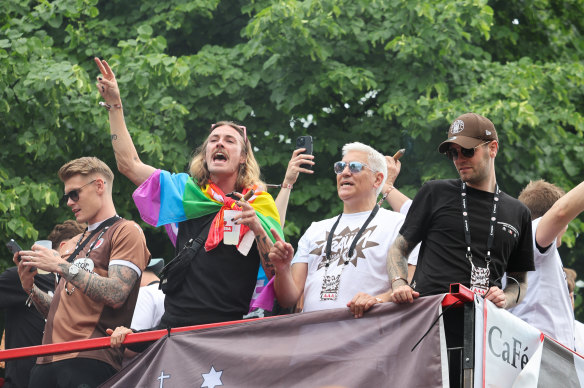 Jackson Irvine (wearing the flag cape) appeared to be ‘on one’ at St. Pauli’s promotion party.