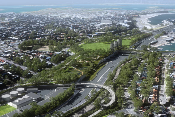 An artist’s impression of the new Rozelle Parklands, a 10-hectare site to be created above the underground tunnel interchange.