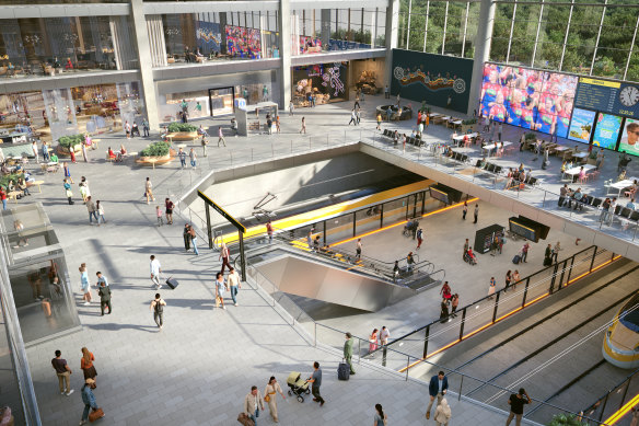 A render of a high-speed railway station in Australia. 