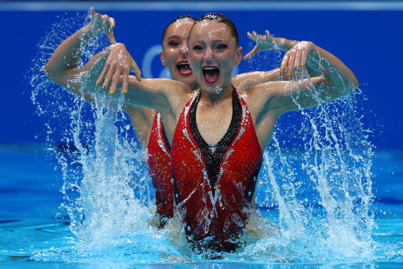 Australians Emily Rogers and Amie Thompson compete in the artistic swimming duet technical routine in Tokyo on Tuesday.