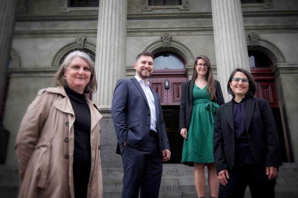 Greens candidates Amanda Stone, Edward Crossland, Sophie Wade and Gabrielle de Vietri outside Fitzroy Town Hall on Friday.