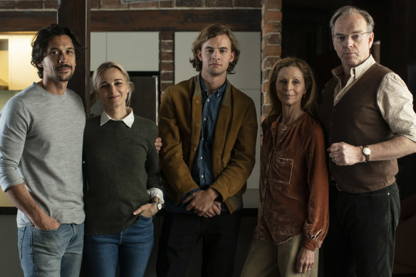The cats of Love Me (from left) Bob Morley, Bojana Novakovic, William Lodder, Heather Mitchell and Hugo Weaving.