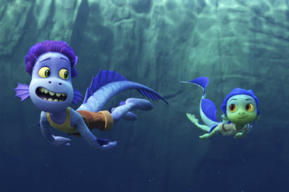 Two sea monsters have to hide their true selves from nearby villagers in the animated film “Luca”.