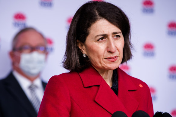 NSW Premier Gladys Berejiklian addressing the media on Monday. 