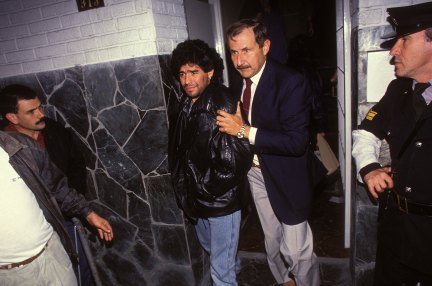 Police arrest Maradona for the use of cocaine in Buenos Aires in 1991.