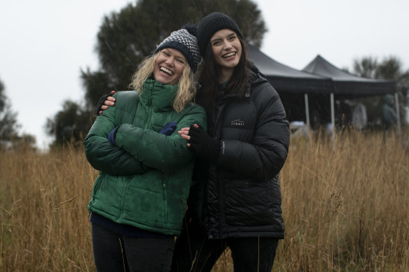 Showrunners Kate McLennan (left) and Kate McCartney on the set of Deadloch in Tasmania.