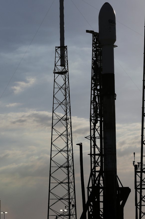 A SpaceX Falcon 9 rocket with Israel's lunar lander and an Indonesian communications satellite on the pad at space launch complex 40 on Thursday.