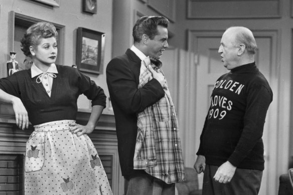 Lucille Ball, left, Desi Arnaz and William Frawley in a scene from <i>I Love Lucy</i>.