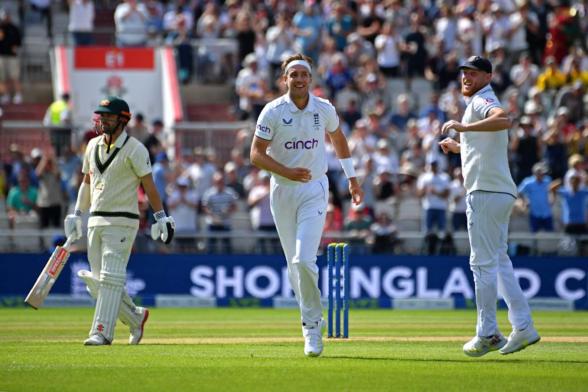 England’s Stuart Broad celebrates his 600th Test wicket.