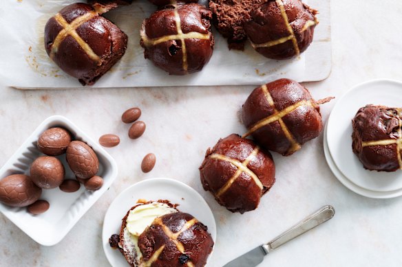 Chocolate hot cross buns with sugar glaze. Styling by Hannah Meppem.