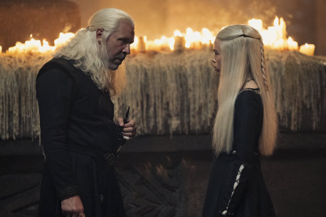 Paddy Considine as King Viserys I Targaryen and Milly Alcock as Princess Rhaenyra Targaryen in House of the Dragon.