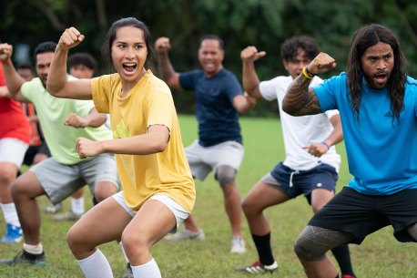 Kaimana (left) plays Jaiyah Saelua, a faʻafafine (third gender) player, in Next Goal Wins.