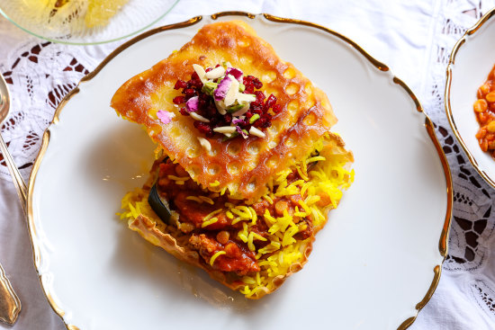 Mirza ghasemi (eggplant and tomato) tahdig sandwich.