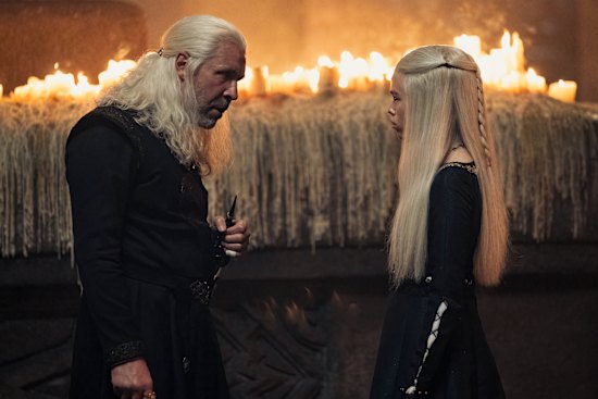 Paddy Considine as King Viserys I Targaryen and Milly Alcock as Princess Rhaenyra Targaryen in House of the Dragon.