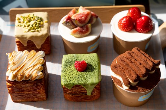 Clockwise from left: Pistachio tissue bread; mini waterfall cakes in fig, strawberry and tiramisu flavours; matcha tissue bread; and lemon meringue tissue bread.