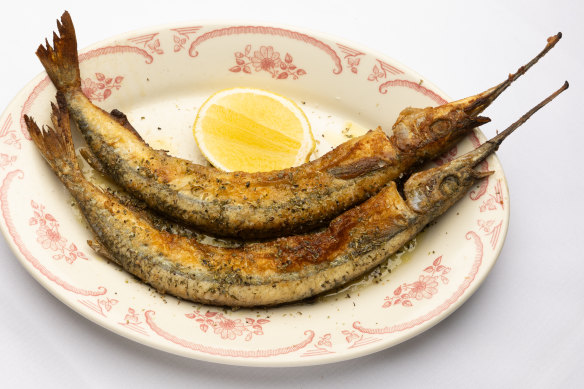 Fish of the day (whole garfish, on this occasion) is served with a lemon cheek.