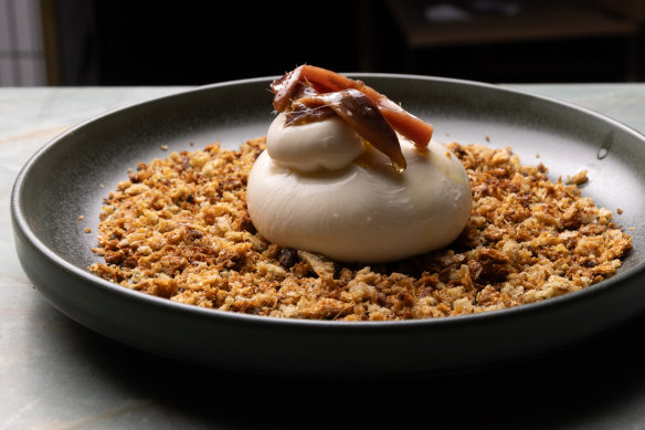 Burrata with anchovy and pangrattato, one of the bites on the Torino Aperitivo menu.