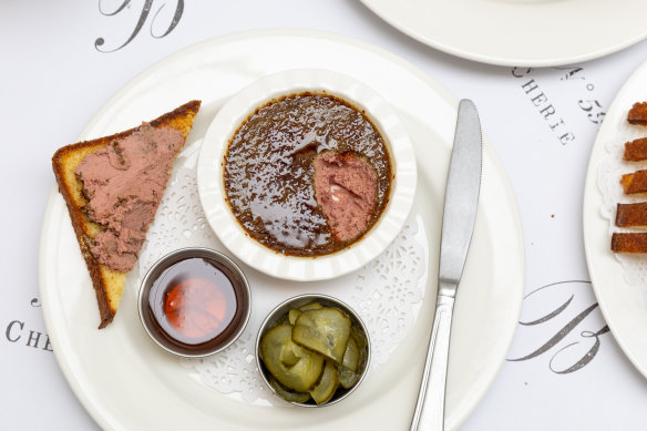 Chicken liver brulee with marmalade, pickles and brioche. 