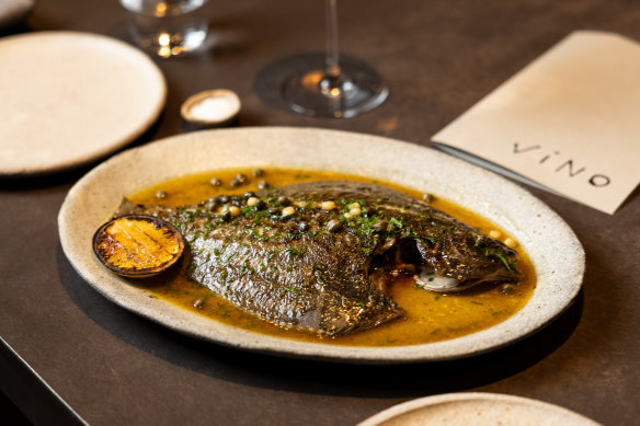 Hibachi-grilled flounder with fried capers and bone marrow sauce.