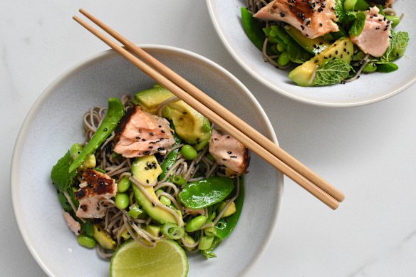 Miso salmon, soba noodle and avocado salad.