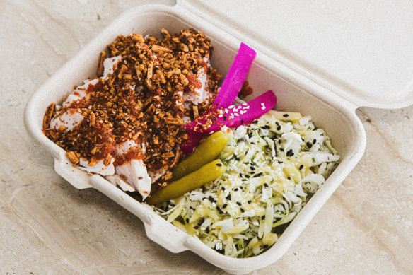 A red harissa protein plate.