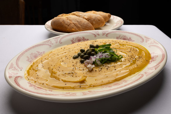 Billed as a Santorini specialty, fava (broad bean dip) is served warm, with bread for dunking.