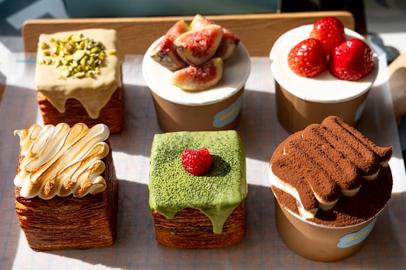 Clockwise from left: Pistachio tissue bread; mini waterfall cakes in fig, strawberry and tiramisu flavours; matcha tissue bread; and lemon meringue tissue bread.