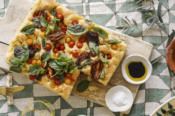 No-knead focaccia with summer tomatoes.