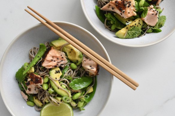 Miso salmon, soba noodle and avocado salad.