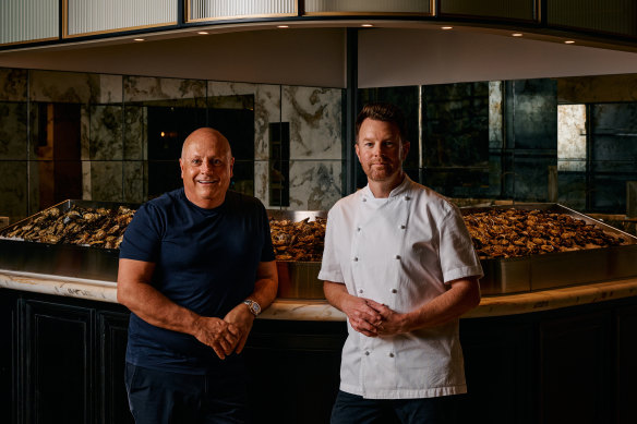 Restaurateur Chris Lucas and executive chef Adam Sanderson at Maison Batard’s oyster bar.