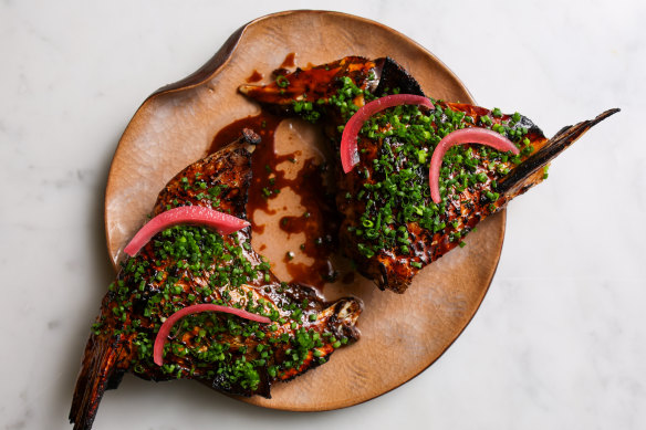 Humpty Doo barramundi fish collars gleam with a soy and lime toyomansi glaze.